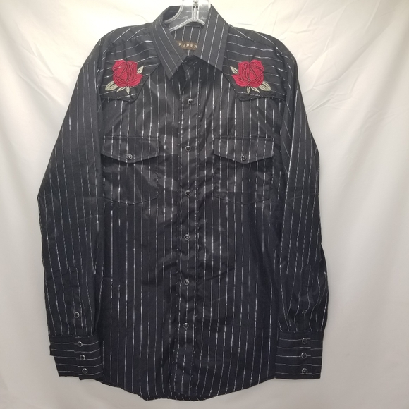 Roper Other - Roper Men Sz L Western Snap Pearl Shirt Black Silver Metallic Stripe Rodeo